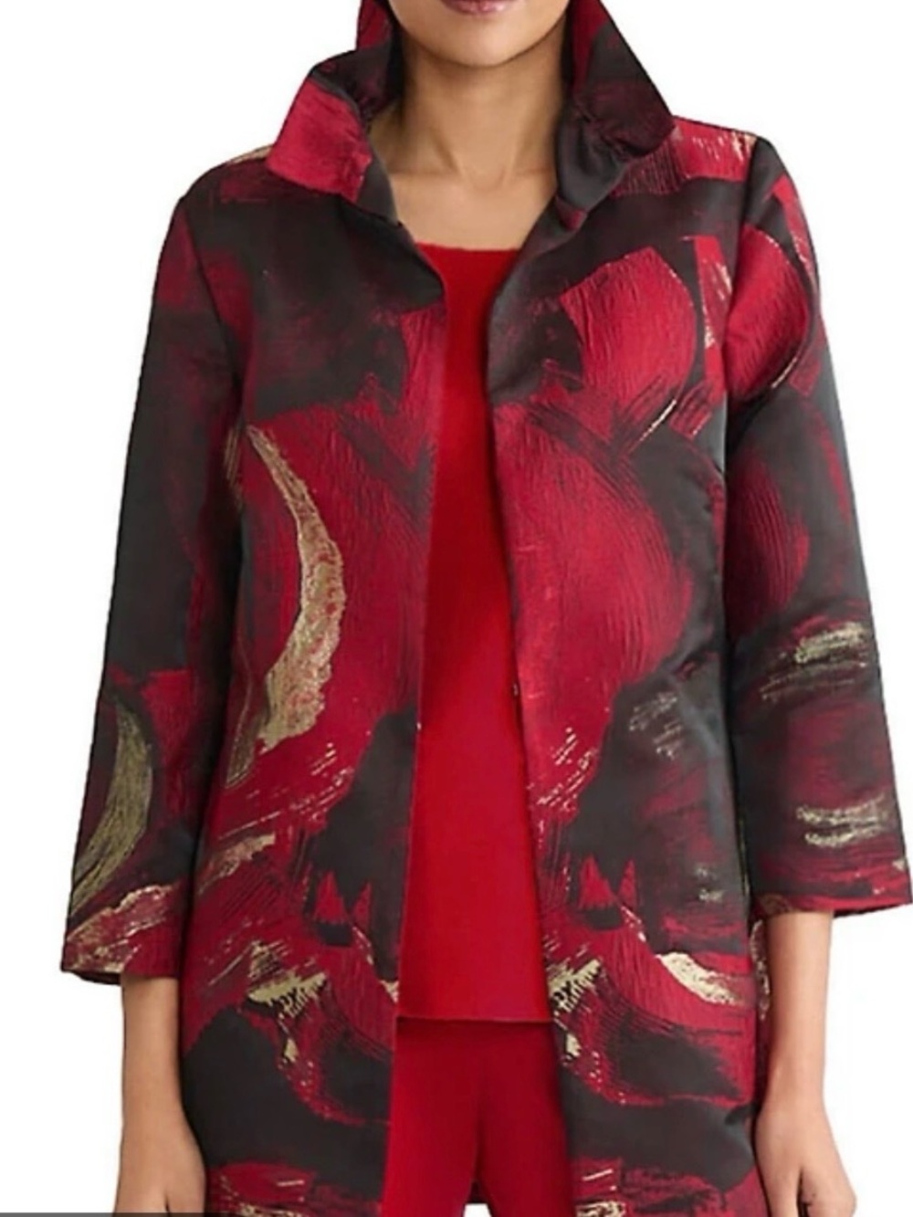 NWT Ming Wang Red Black Gold Brushstroke Jacquard Ruffle Collar Jacket Small - Picture 2 of 14